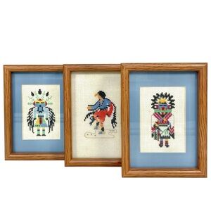 Vintage‎ Kachina Doll Needlepoint Framed Art Set of 3 Southwestern Decor